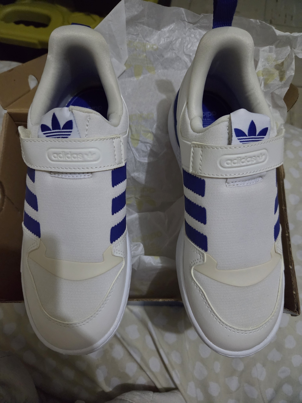 adidas Kids White Sneakers with Blue Stripes and Velcro